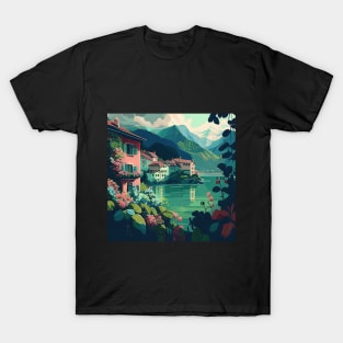 Pastel Lakeside Town T-Shirt